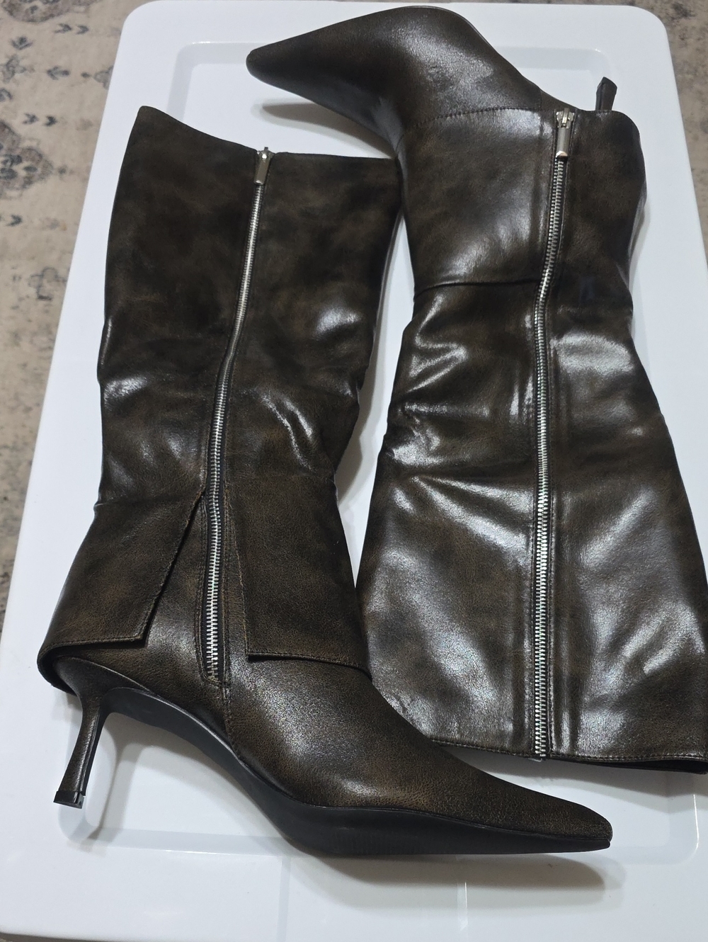 Shoe Dazzle Metallic Dark Brown Pointed-Toe Mid-Calf Zip Boots